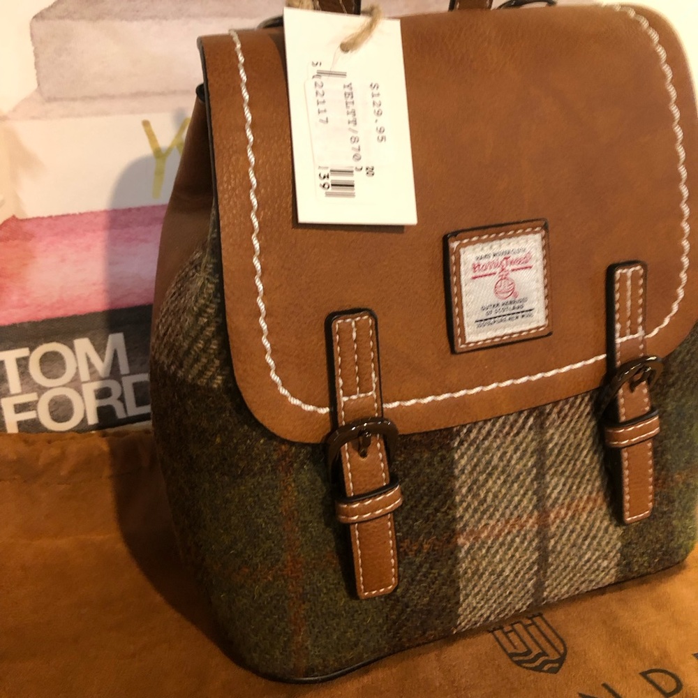 Islander Harris Tweed Mini Backpack NWT in Tartan Green Vegan Leather Bag - Picture 10 of 16